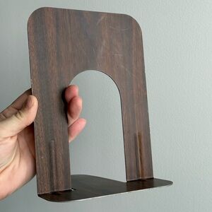 2 Faux Wood Grain Industrial Brown Metal Bookends Mid Century Modern Rogers USA